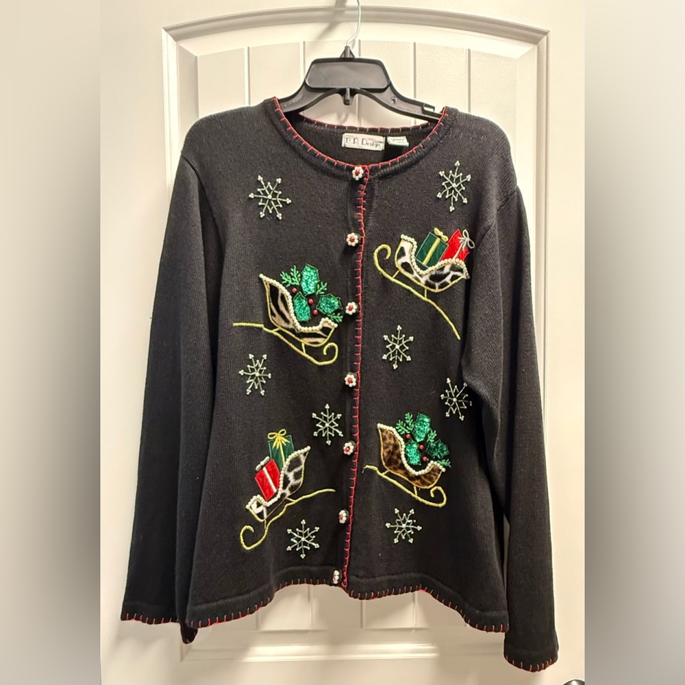 VINTAGE Black Embroidered Beaded Christmas Sleigh Cardigan Sweater BP DESIGN XL